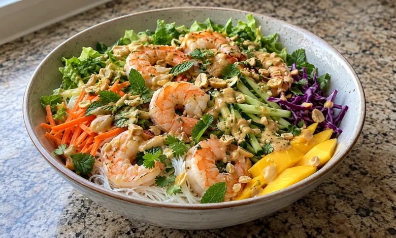 Shrimp spring roll noodle bowl with rice vermicelli, mango, crisp vegetables, herbs, peanuts and peanut sauce