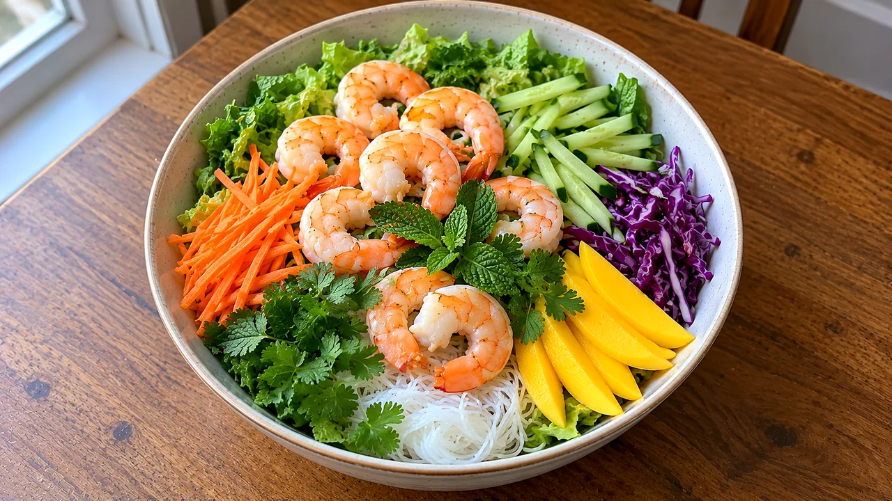 Spring roll noodle bowl assembled with shrimp, mango, and vegetables before peanut sauce