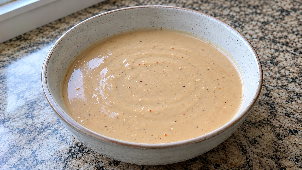 Small bowl of smooth pourable light tan homemade peanut sauce