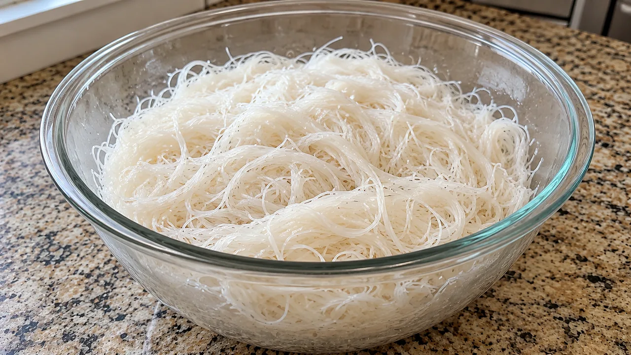 Bowl of freshly cooked and drained thin white rice vermicelli noodles