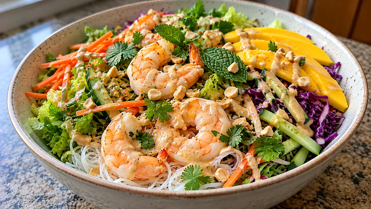 Close view of finished shrimp spring roll bowl with peanut sauce drizzle