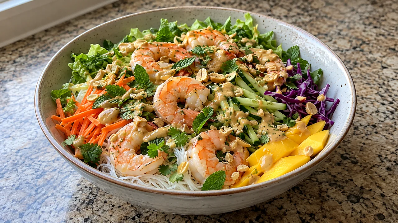 Shrimp spring roll noodle bowl with rice vermicelli, mango, crisp vegetables, herbs, peanuts, and peanut sauce