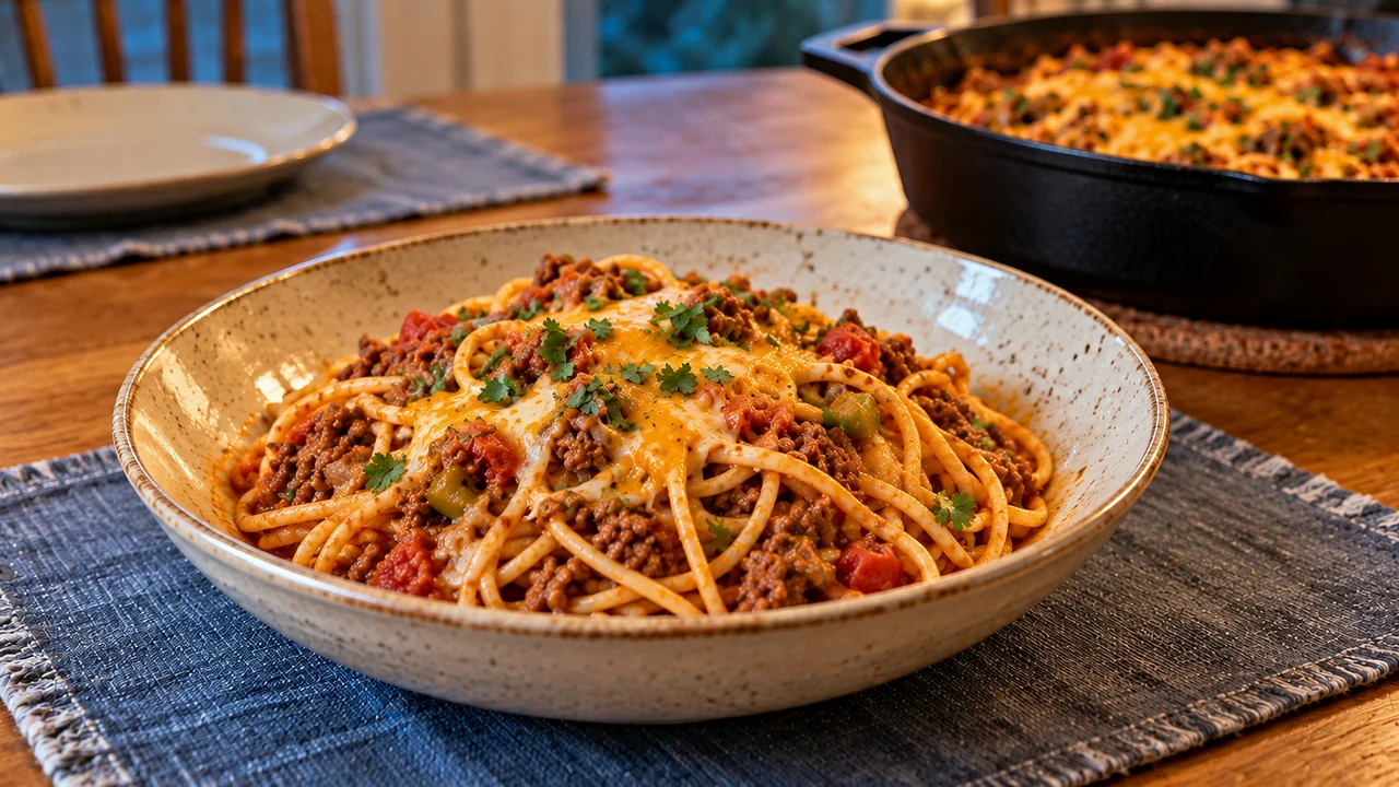 A serving of taco spaghetti with melted cheese and cilantro in a shallow speckled bowl on an oak dinner table