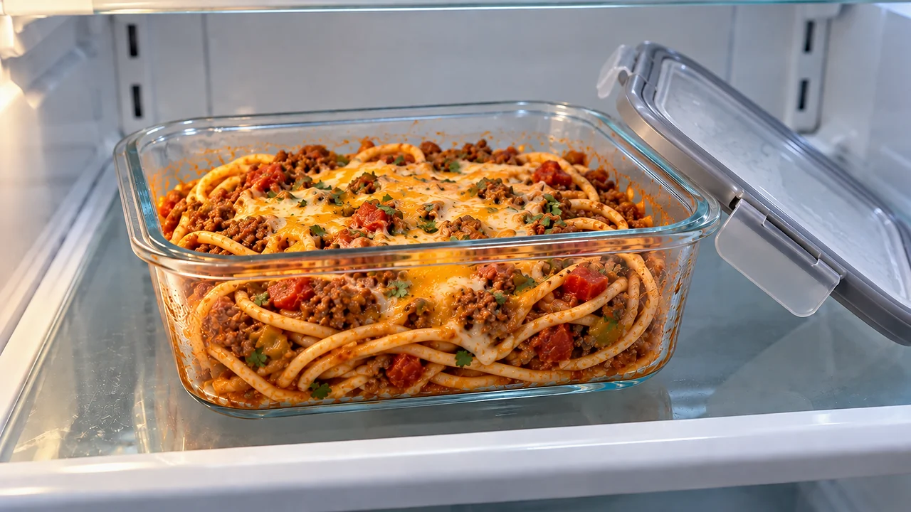 Leftover taco spaghetti in a glass storage container with the lid off on a refrigerator shelf