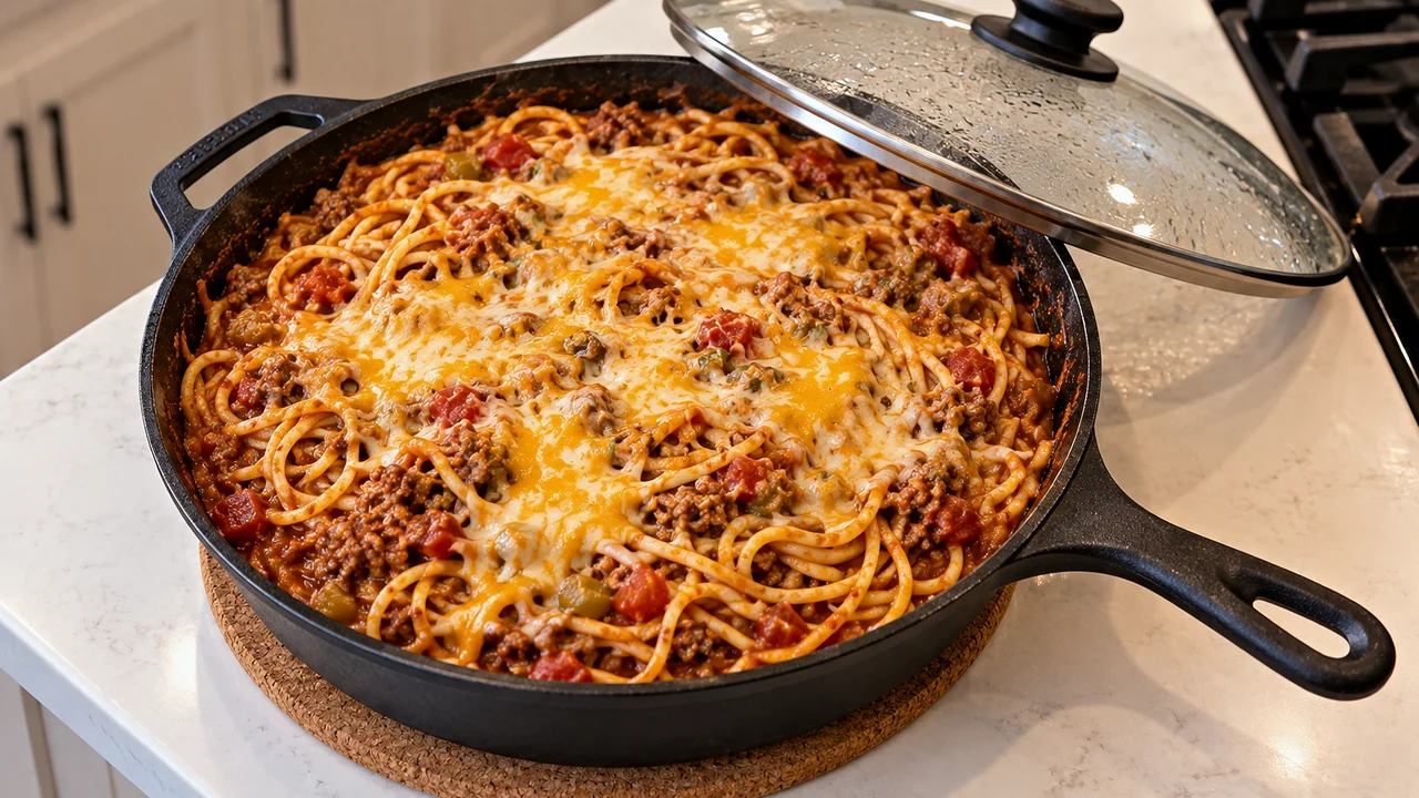 Melted cheddar and Monterey Jack over taco spaghetti in a black skillet just after the lid is lifted