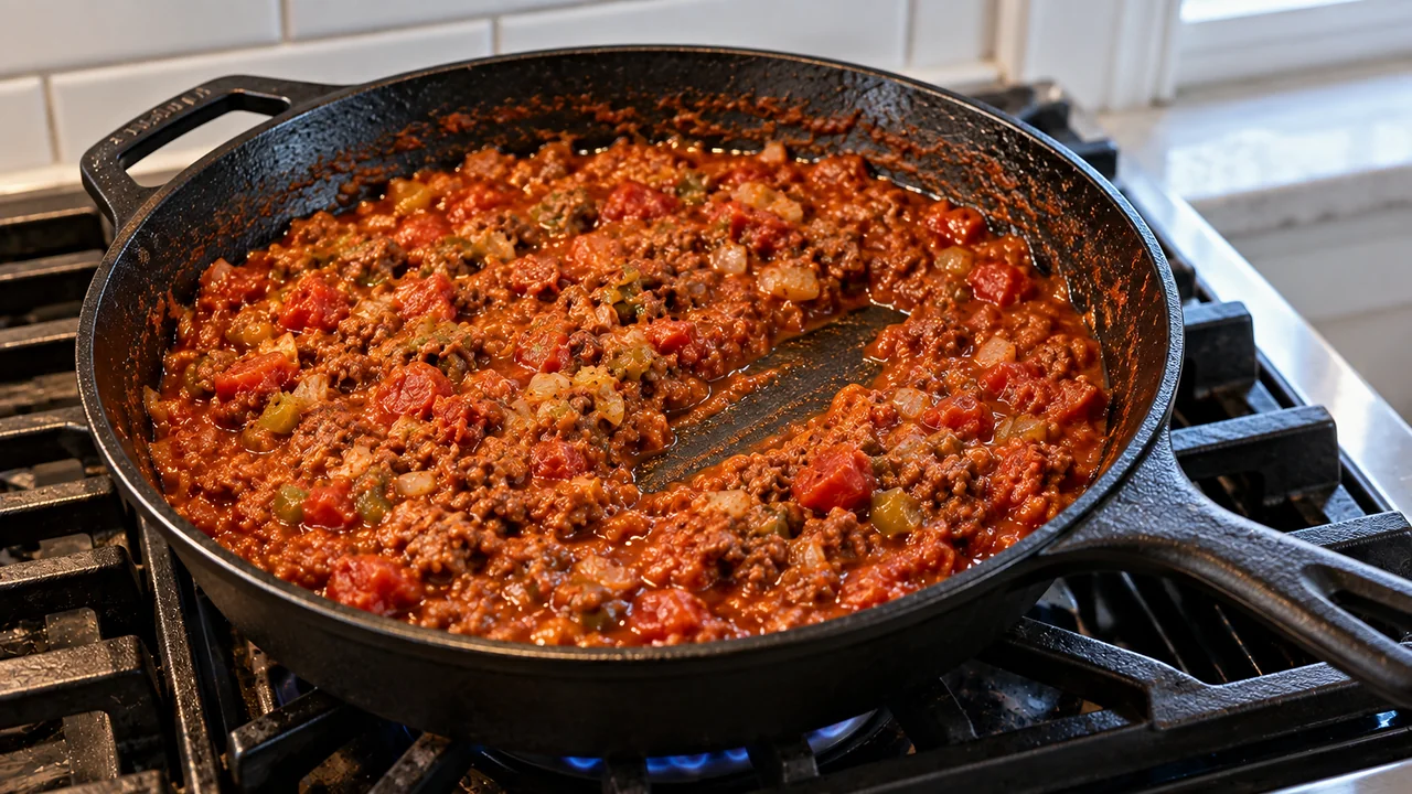 Taco-seasoned ground beef sauce with diced tomatoes and green chiles reduced in a black skillet, with a path scraped through it, before the spaghetti is added