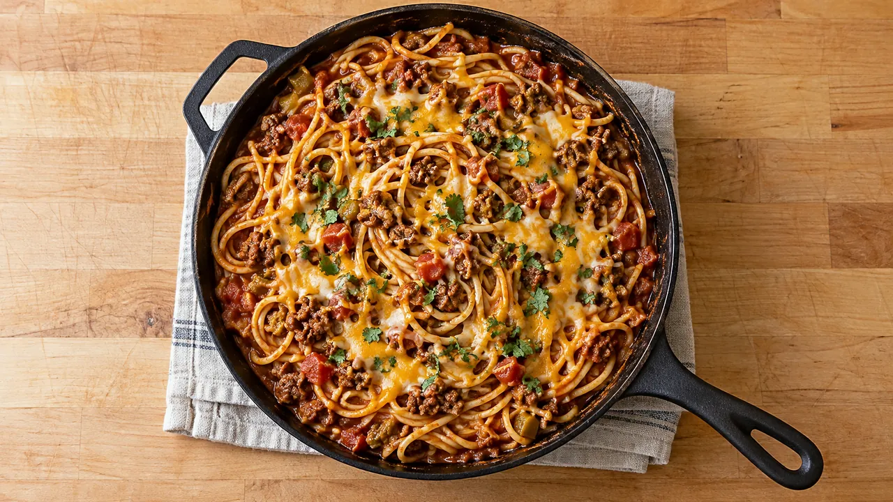 Taco spaghetti with ground beef, tomatoes, green chiles, melted cheddar and Monterey Jack, and cilantro in a black skillet