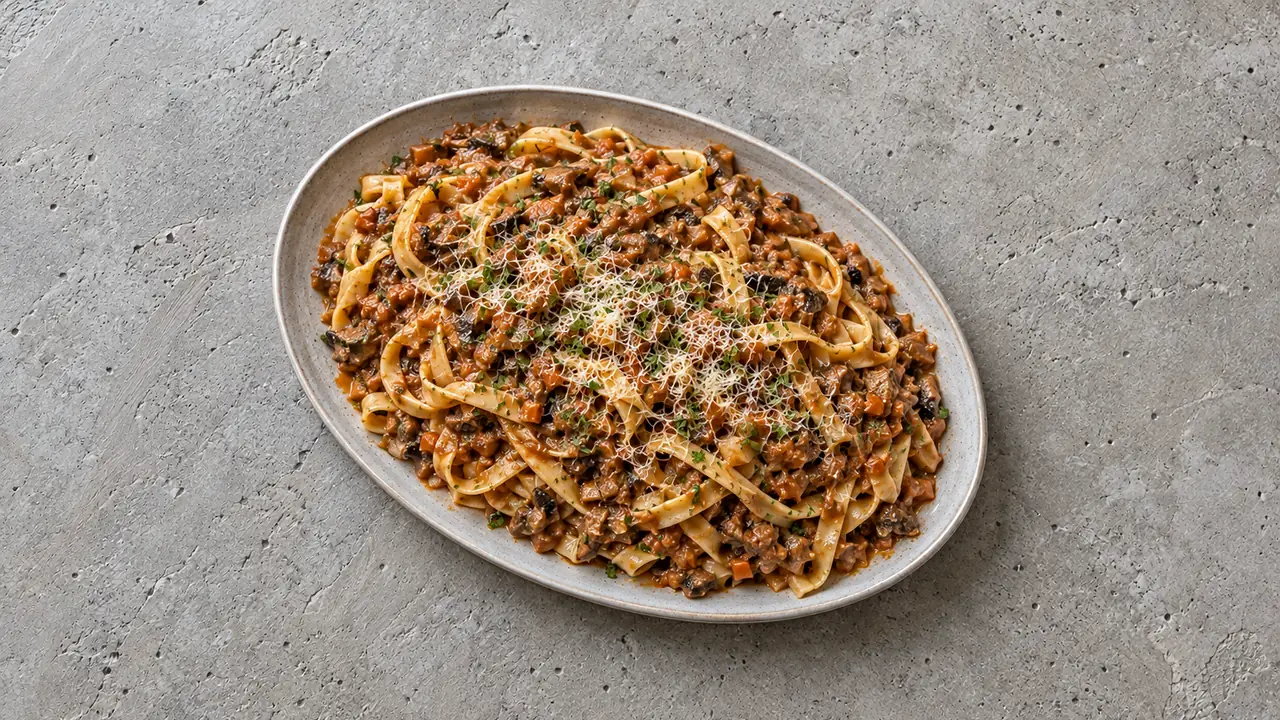 Vegetarian mushroom bolognese tossed with tagliatelle on an oval gray stoneware platter with grated cheese and parsley