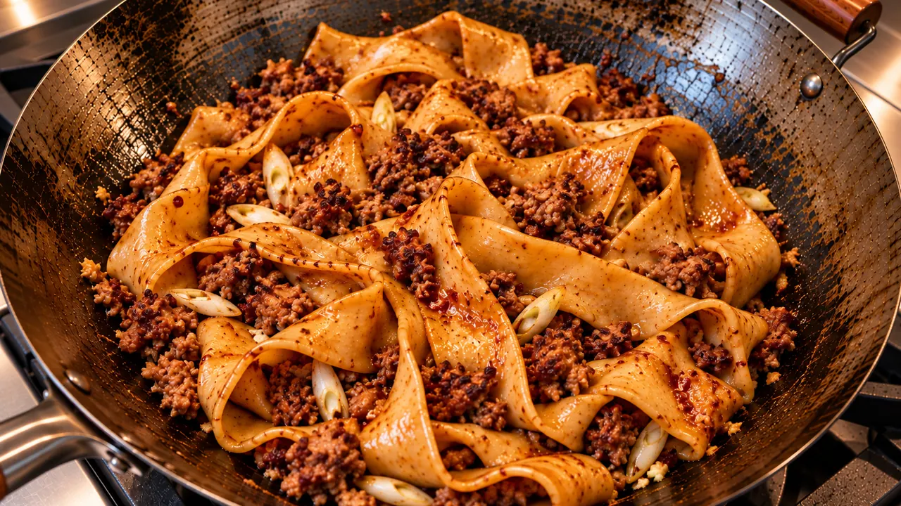 Wide wheat noodles tossed with crispy pork in a glossy chili-soy sauce in a carbon steel wok, with no sauce pooling